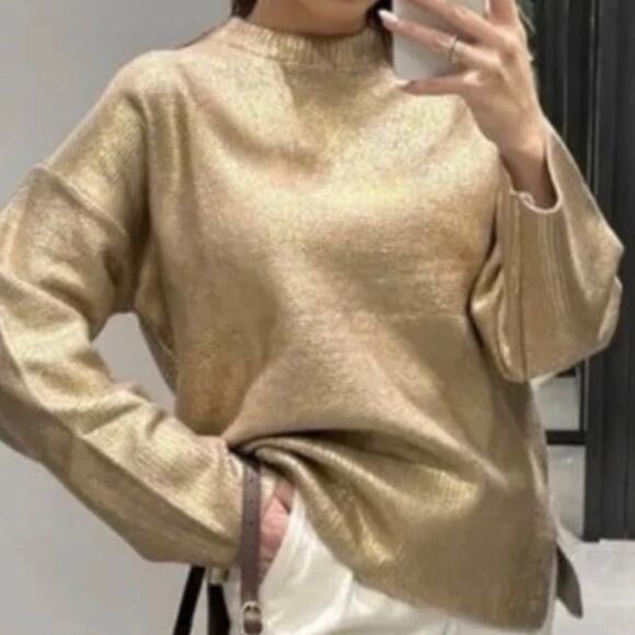 Zara Women's Cracked Metallic Boxy Knit Sweater Small Golden - Picture 6 of 12